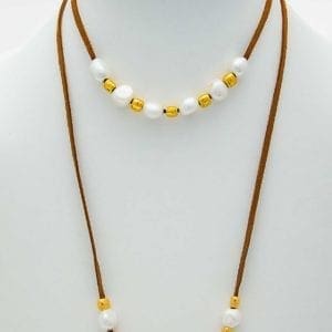 Long Pearl, Leather and Gold Beads Bohemian