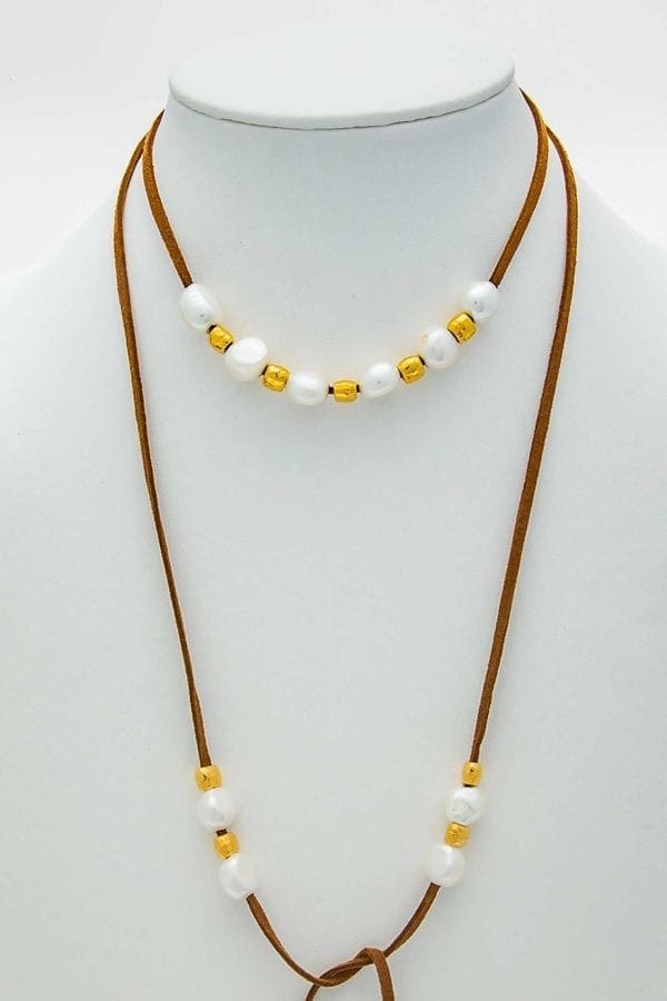 Long Pearl, Leather and Gold Beads Bohemian