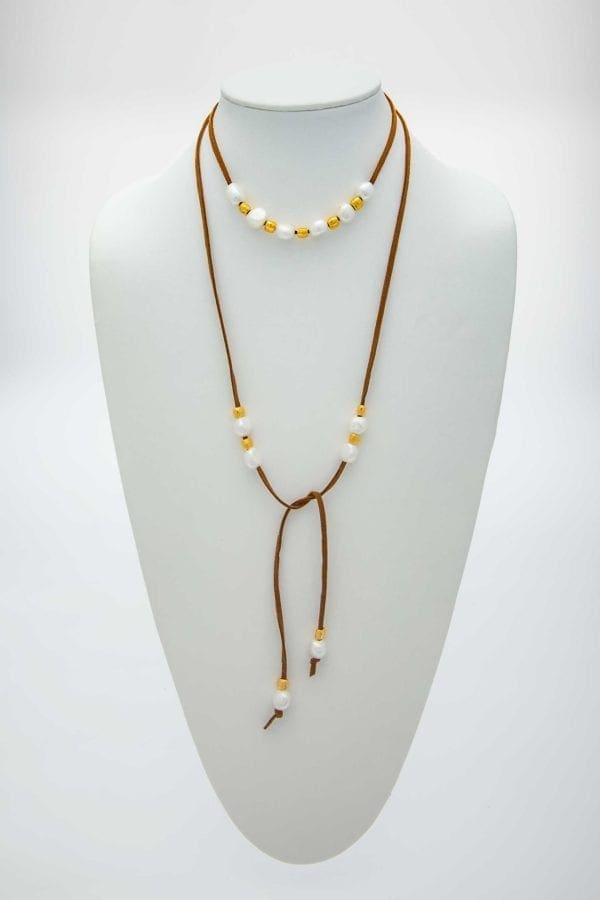 Long Pearl, Leather and Gold Beads Bohemian-Chic Lariat