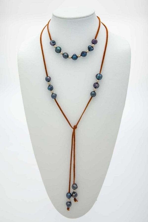 Long Leather Baroque Pearl Lariat Necklace