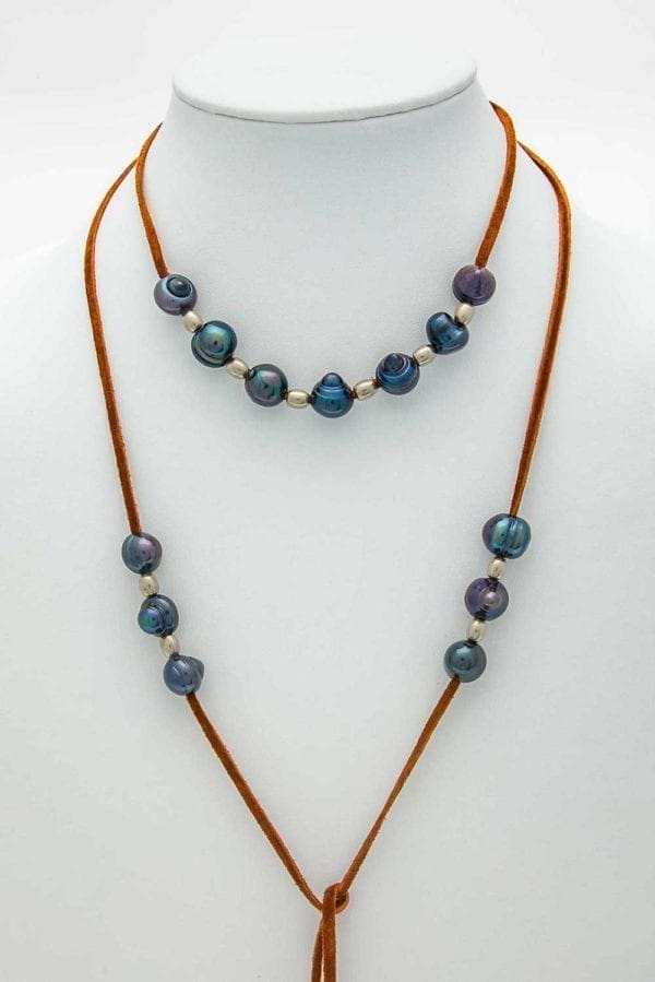Long Leather Baroque Pearl Lariat Necklace