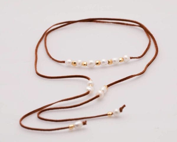 Long Pearl, Leather and Gold Beads Bohemian-Chic Lariat