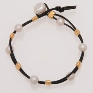 Black Leather and White Pearl Bracelet with Gold Barrel Beads, BOHO Pearl and Leather Bracelet