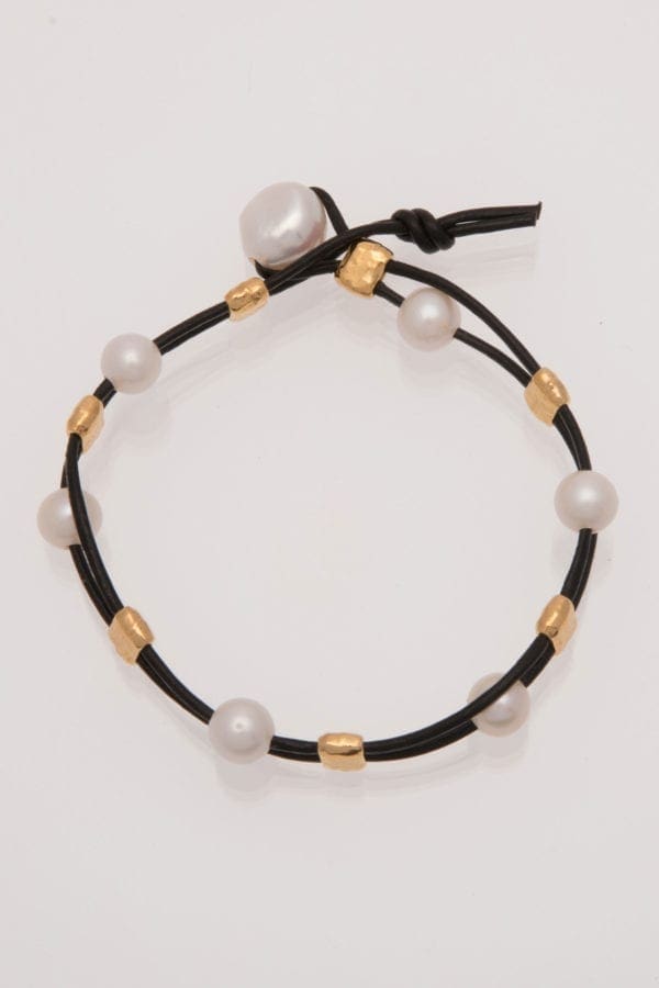 Black Leather and White Pearl Bracelet with Gold Barrel Beads, BOHO Pearl and Leather Bracelet