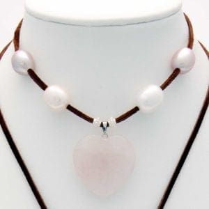 Rose Quartz Heart with 8 Rare Large White/Mauve/Peach Rice Pearls and Silver Beads Lariat