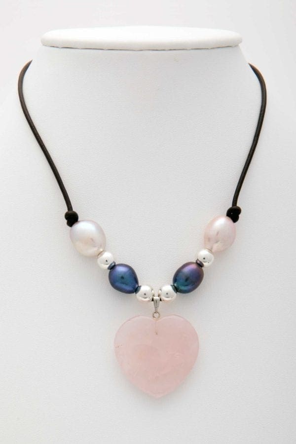 ose Quartz Heart with Silver Beads and Blue and White Large Baroque Pearl Necklace