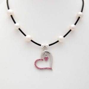 Silver Heart with Pink Rhinestones and White Round Freshwater Pearls
