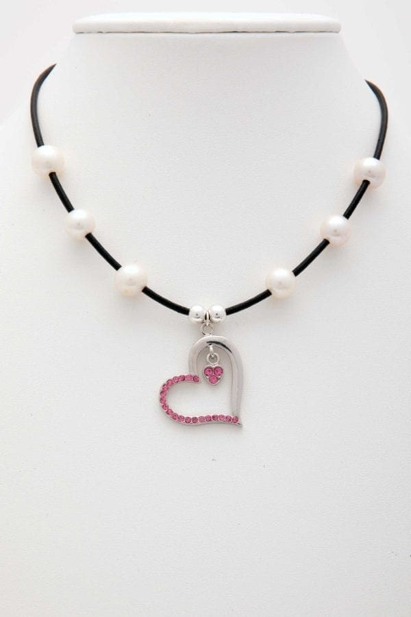 Silver Heart with Pink Rhinestones and White Round Freshwater Pearls