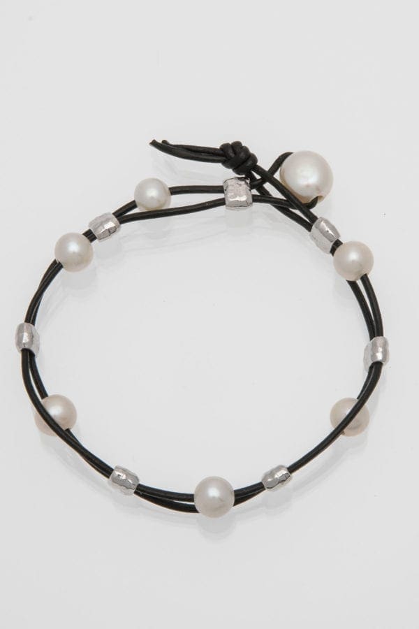 Black Leather and White Pearl Bracelet with Silver Barrel Beads, BOHO Pearl and Leather Bracelet