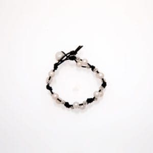 White Freshwater Rice Pearl Bracelet Double Stranded Black Leather with Silver Beads