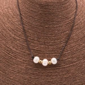 Dainty Three Pearl Choker, 3 Pearl Leather Necklace, Simple Pearl Choker with Gold Beads