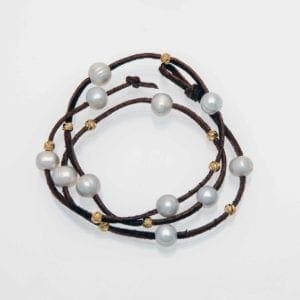 Bracelet / Necklace, White Freshwater Potato Pearls with Gold Beads on Brown Suede Leather, Wrap-Around Leather Pearl BOHO Bracelet