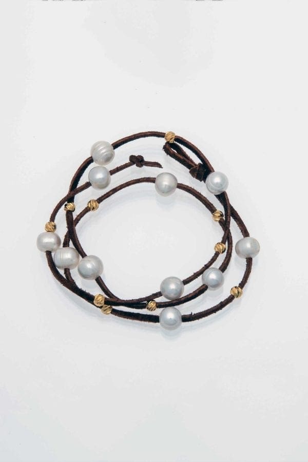 Bracelet / Necklace, White Freshwater Potato Pearls with Gold Beads on Brown Suede Leather, Wrap-Around Leather Pearl BOHO Bracelet