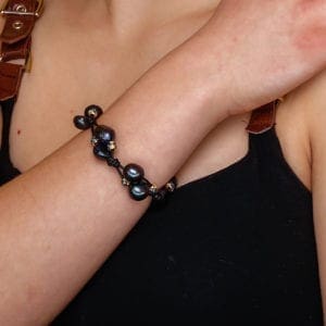 Baroque Pearl Bracelet, Blue Baroque Pearls with Golden Beads, BOHO Style Bracelet, Black Leather Pearl Bracelet
