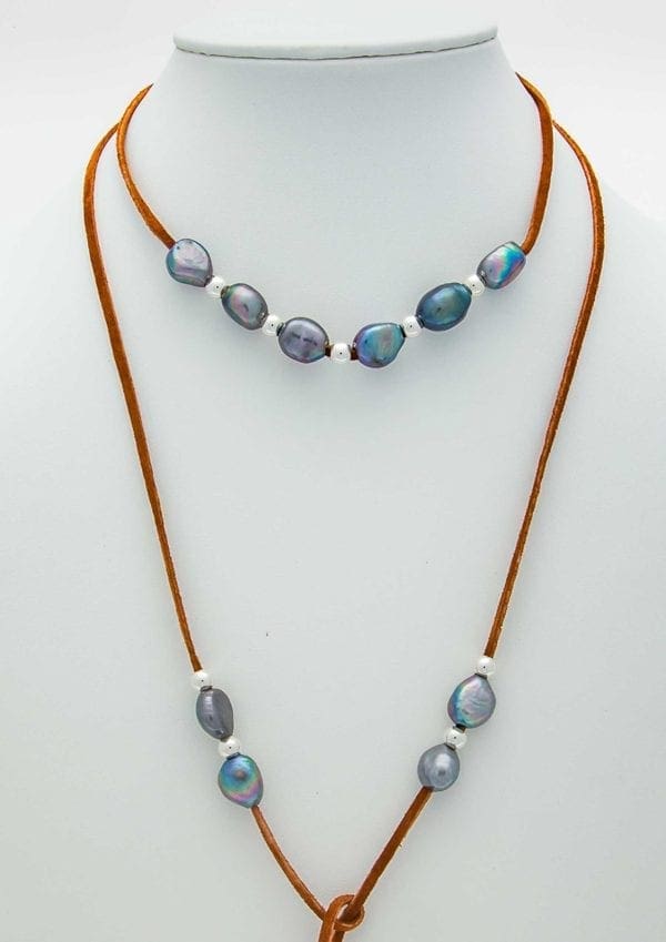 Freshwater Pearl Necklace, Handmade Bohemian Leather Necklace, 12 Freshwater Pearls and Beads Adjustable Leather Lariat Necklace