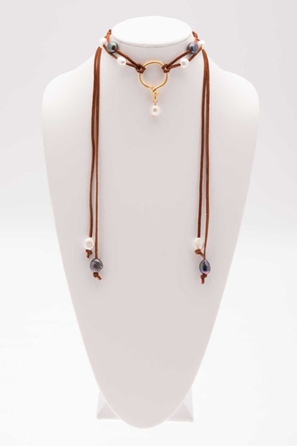 Long Freshwater Pearl and Leather Lariat Necklace, Adjustable Pearl Choker Necklace, Leather and Pearl Jewelry